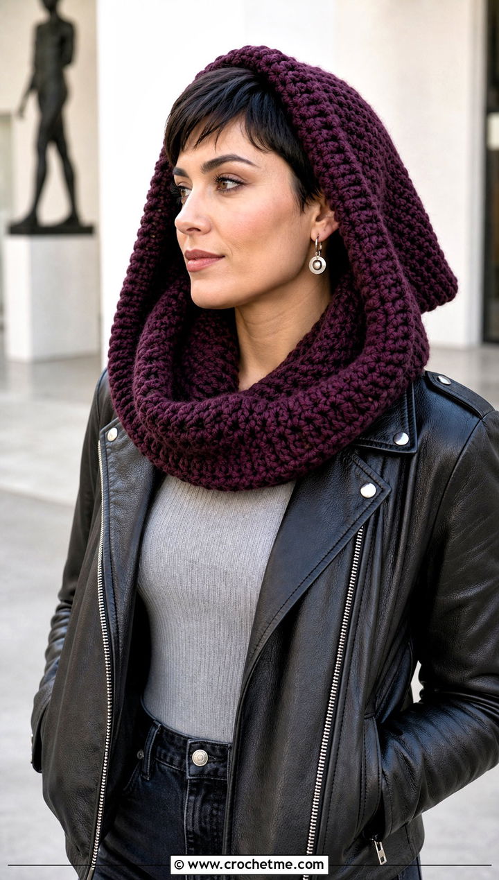 Pixie Point Crochet Cowl Hood With Leather Jacket - 25 crochet cowl hood outfit ideas