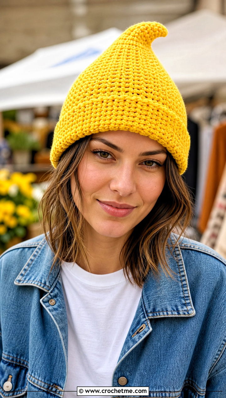 Pixie Point Crochet Hat With Denim Jacket and Jeans - 20 Pointed Crochet Hat outfit ideas