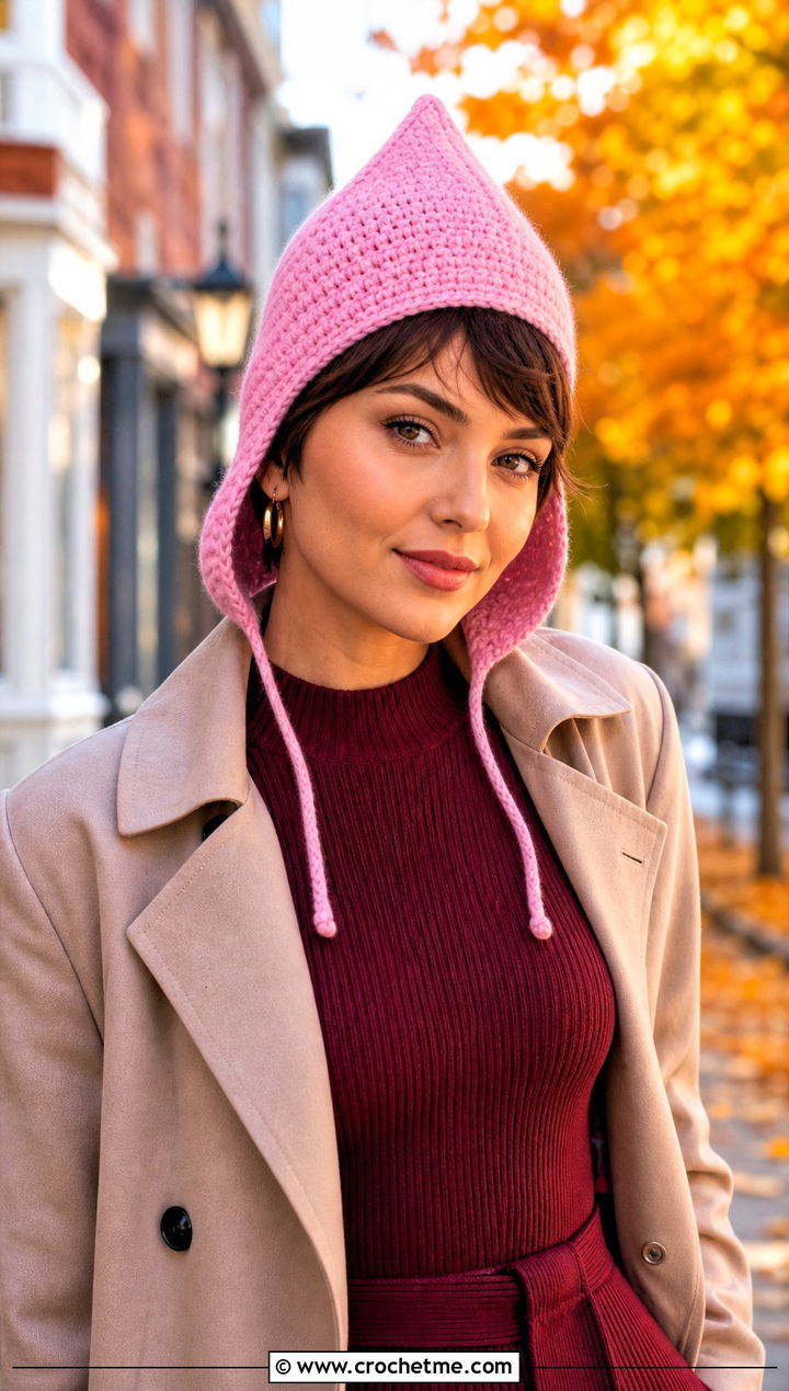 Pixie Point Ear Flap Hat With Trench Coat - 25 crochet ear flap hat outfit ideas