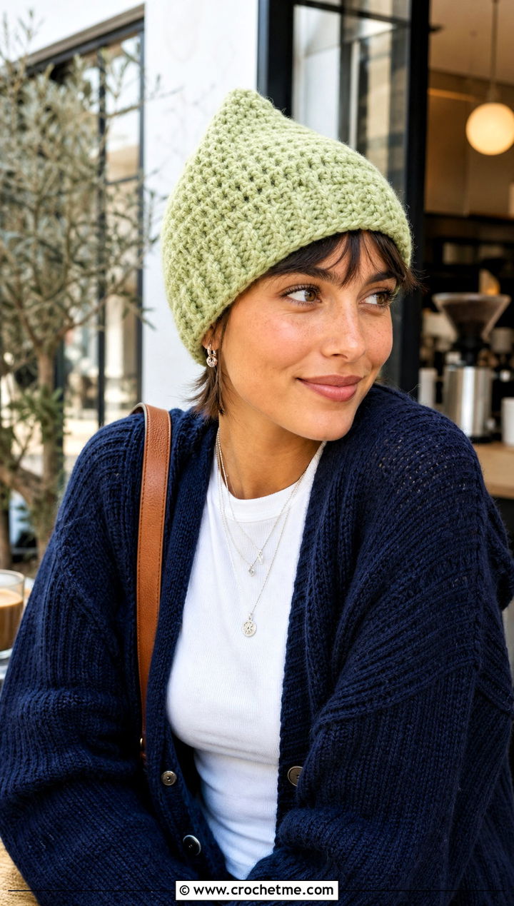 Pixie Wool Crochet Hat With Cardigan And Jeans - 25 Wool Crochet Hat outfit ideas