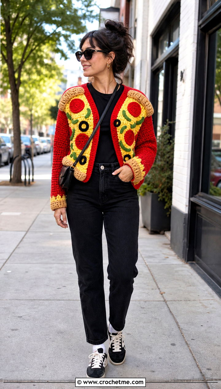 Pizza Slice Crochet Cardigan With Black Jeans - 20 Funny Crochet Clothes and outfit ideas