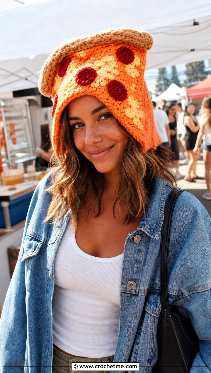 Pizza Slice Crochet Hat With A Denim Jacket - 30 funny crochet hat outfit ideas
