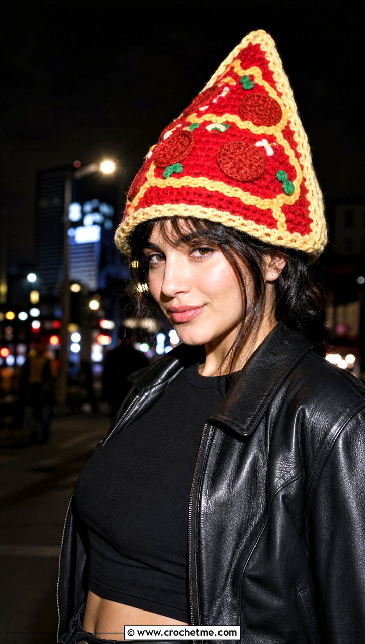 Pizza Slice Crochet Hat With Leather Jacket - 30 crochet funny hats outfit ideas