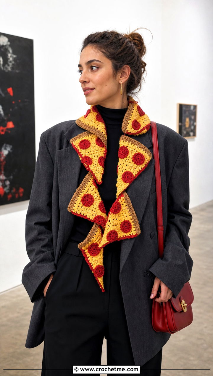 Pizza Slice Crochet Scarf With Blazer - 15 Funny Crochet Scarves outfit ideas