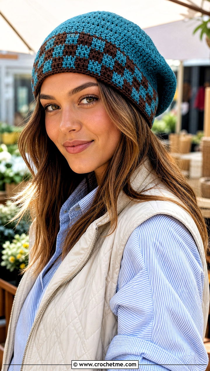 Plaid Band Slouch Crochet Beanie With Quilted Vest - 15 Plaid Crochet Beanie outfit ideas