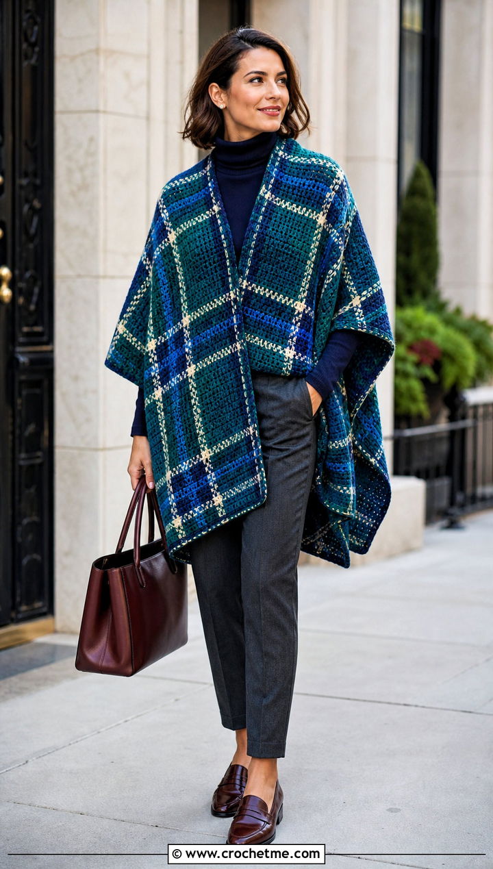 Plaid Blanket Crochet Poncho With Tailored Trousers - 15 Blanket Crochet Poncho outfit ideas