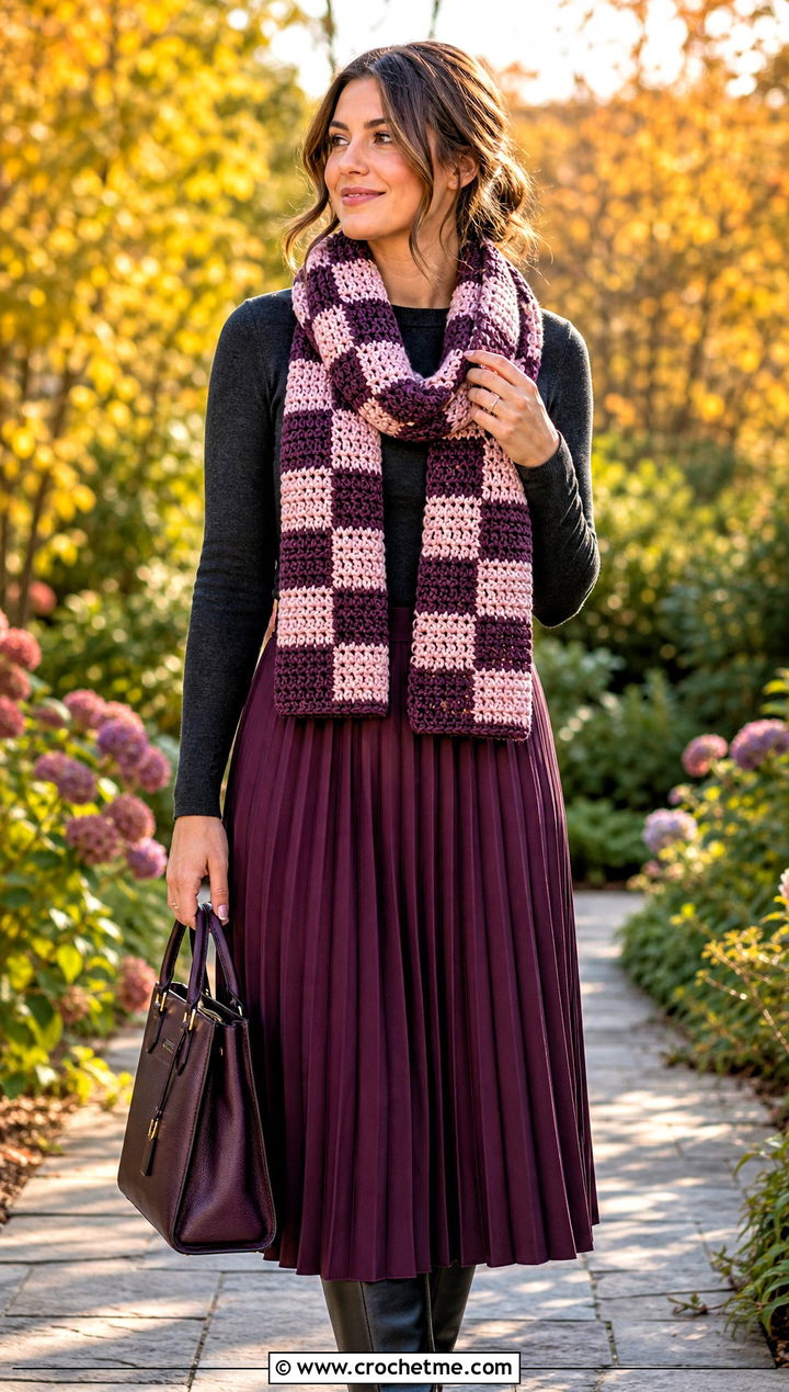 Plaid Bonfire Scarf With Pleated Midi Skirt - 20 Crochet Bonfire Scarf outfit ideas