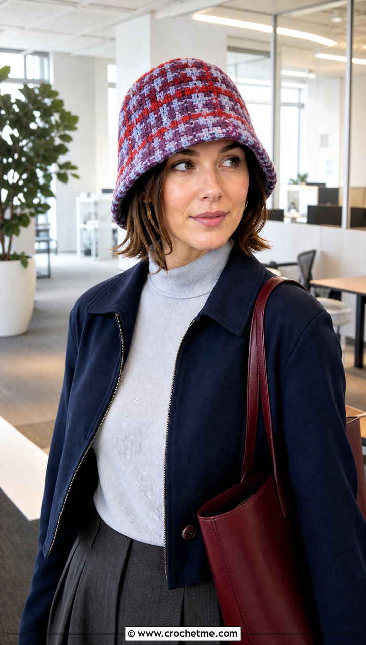 Plaid Chunky Crochet Bucket Hat With Pleated Pants - 25 Chunky Crochet Bucket Hat outfit ideas