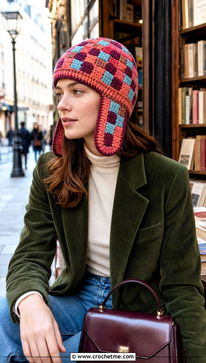 Plaid Crochet Aviator Hat With Corduroy Blazer - 30 crochet aviator hat outfit ideas