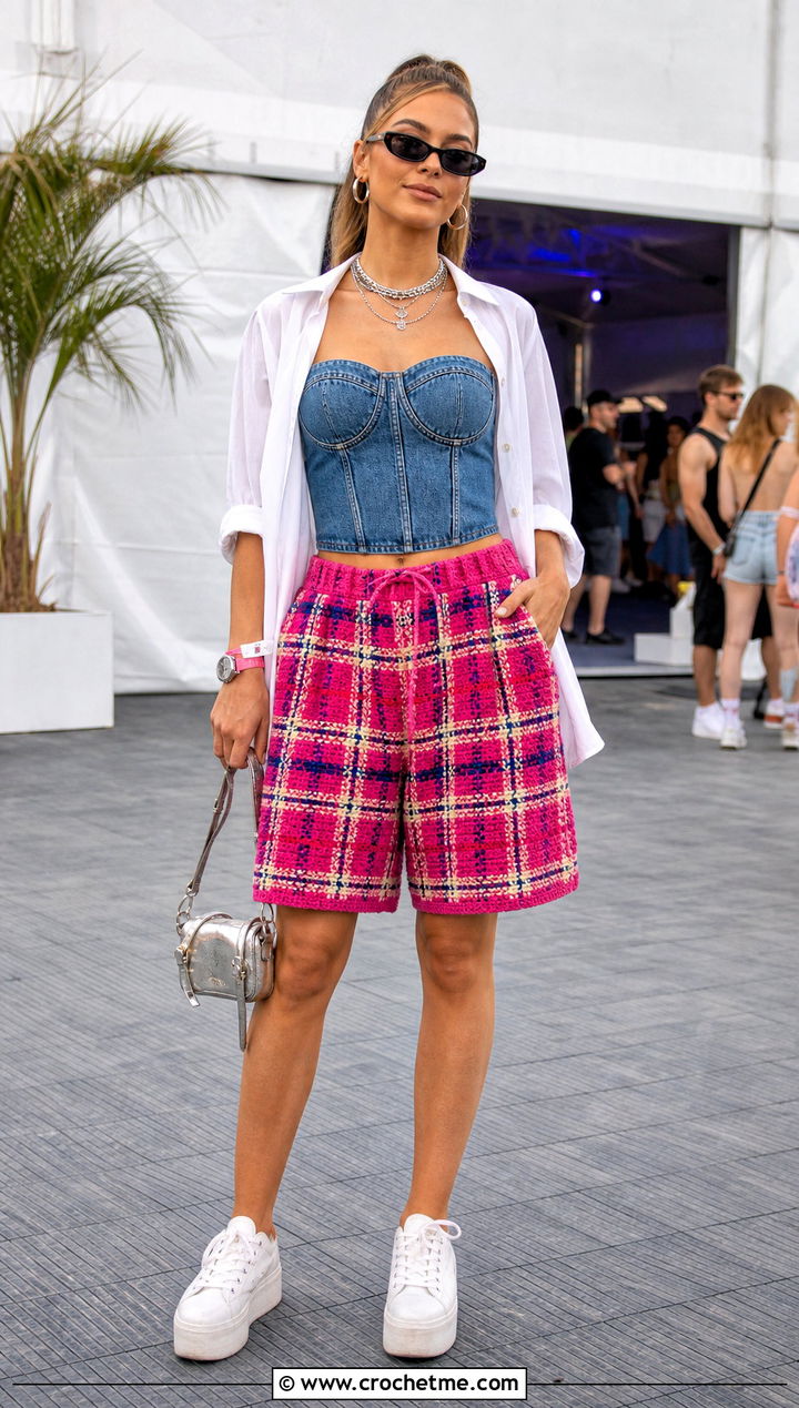 Plaid Crochet Baggy Shorts With Denim Bustier - 30 crochet baggy shorts outfit ideas
