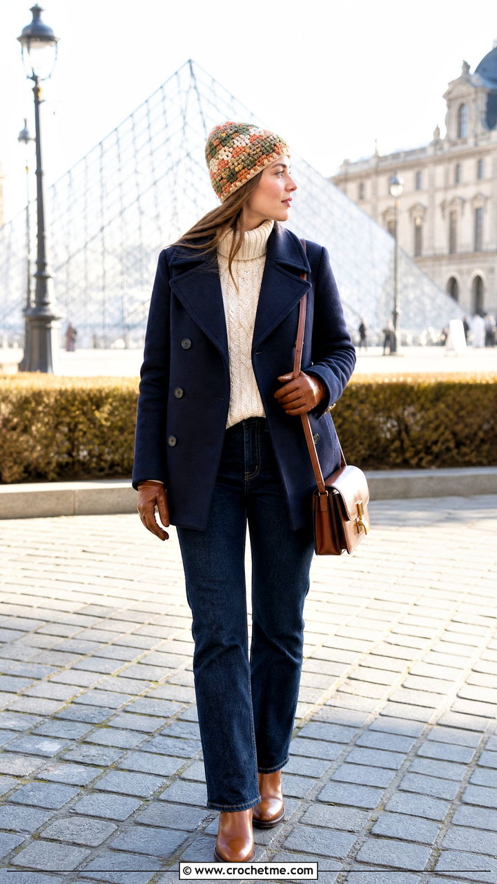 Plaid Crochet Beanie With Peacoat - 35 crochet checkered beanie outfit ideas