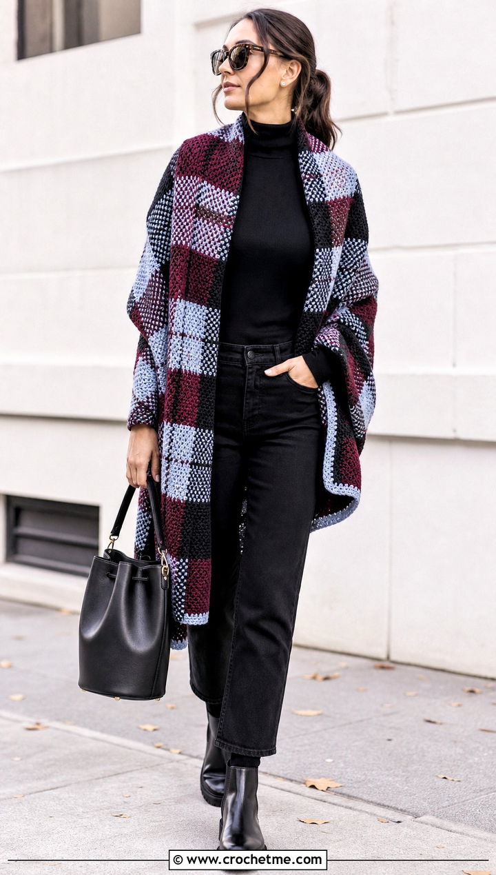 Plaid Crochet Blanket Shawl With Black Jeans - 30 crochet blanket shawl outfit ideas