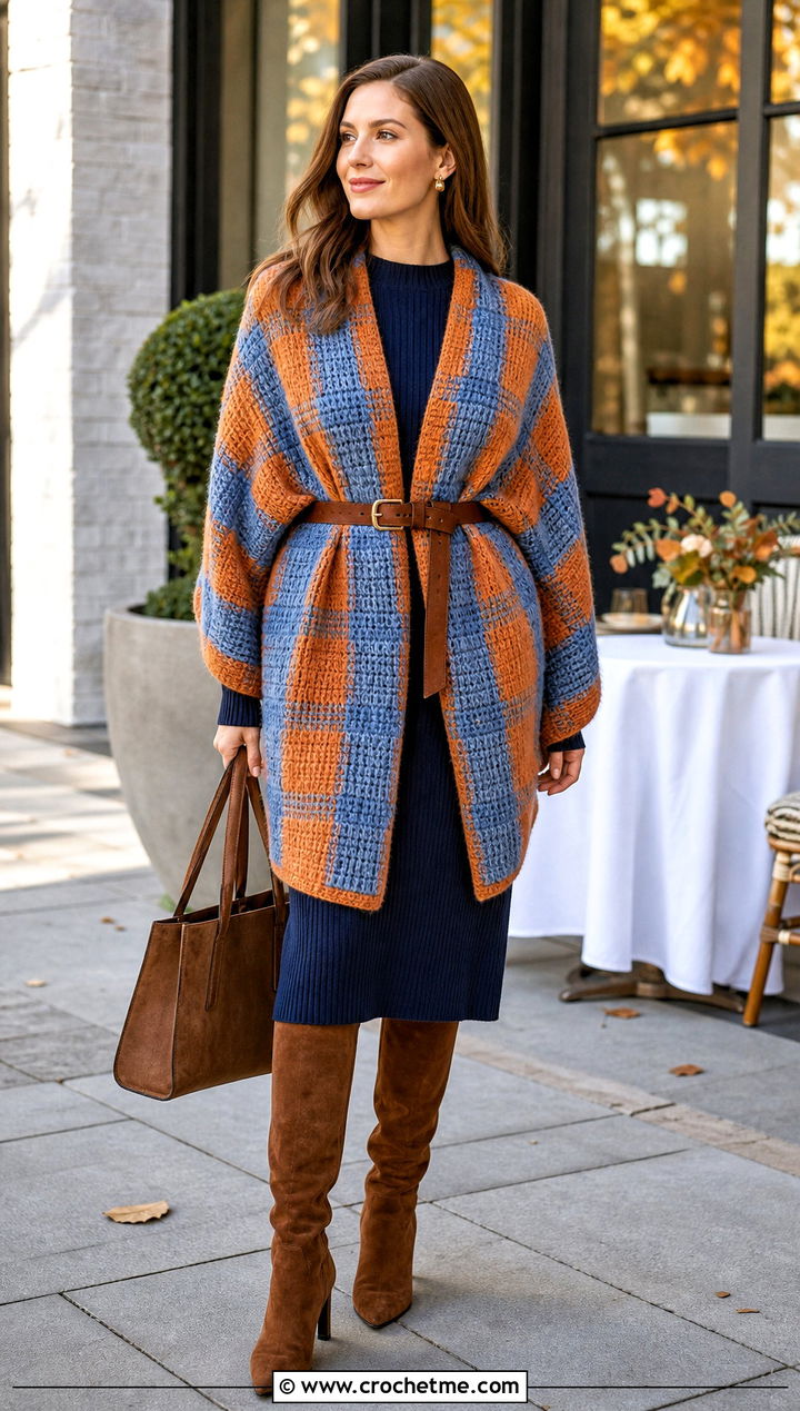 Plaid Crochet Blanket Shawl With Knit Dress - 15 Crochet Shawl Blanket outfit ideas