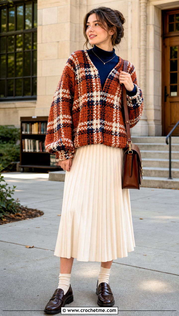 Plaid Crochet Blanket Sweater With Pleated Skirt - 30 crochet blanket sweater outfit ideas