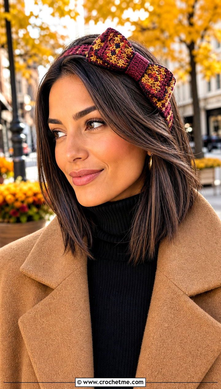 Plaid Crochet Bow Headband With Camel Coat And Mini Skirt - 30 crochet headband with bow outfit ideas