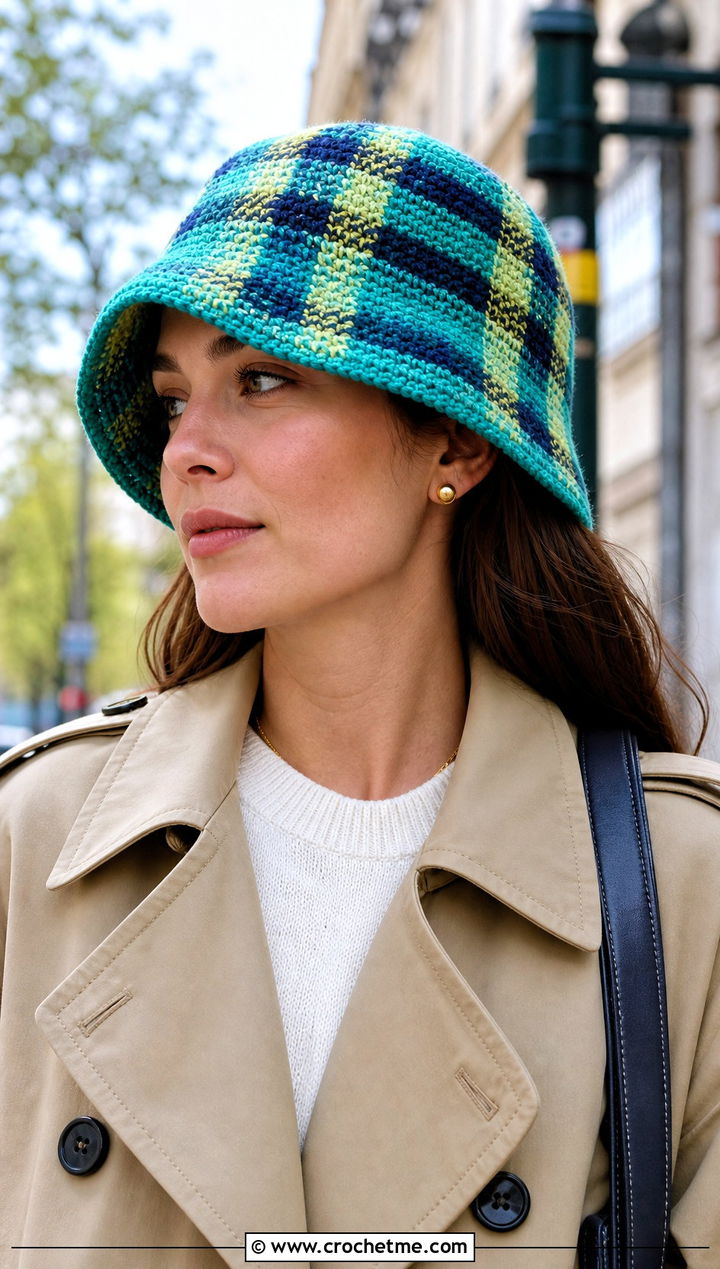 Plaid Crochet Bucket Hat With Trench Coat And Jeans - 30 easy crochet bucket hat outfit ideas