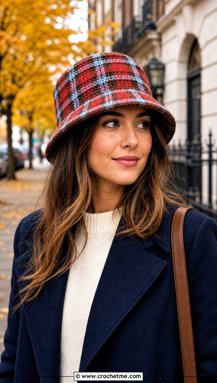 Plaid Crochet Bucket Hat With Wool Coat - 25 Crochet Bucket Hat Design Ideas