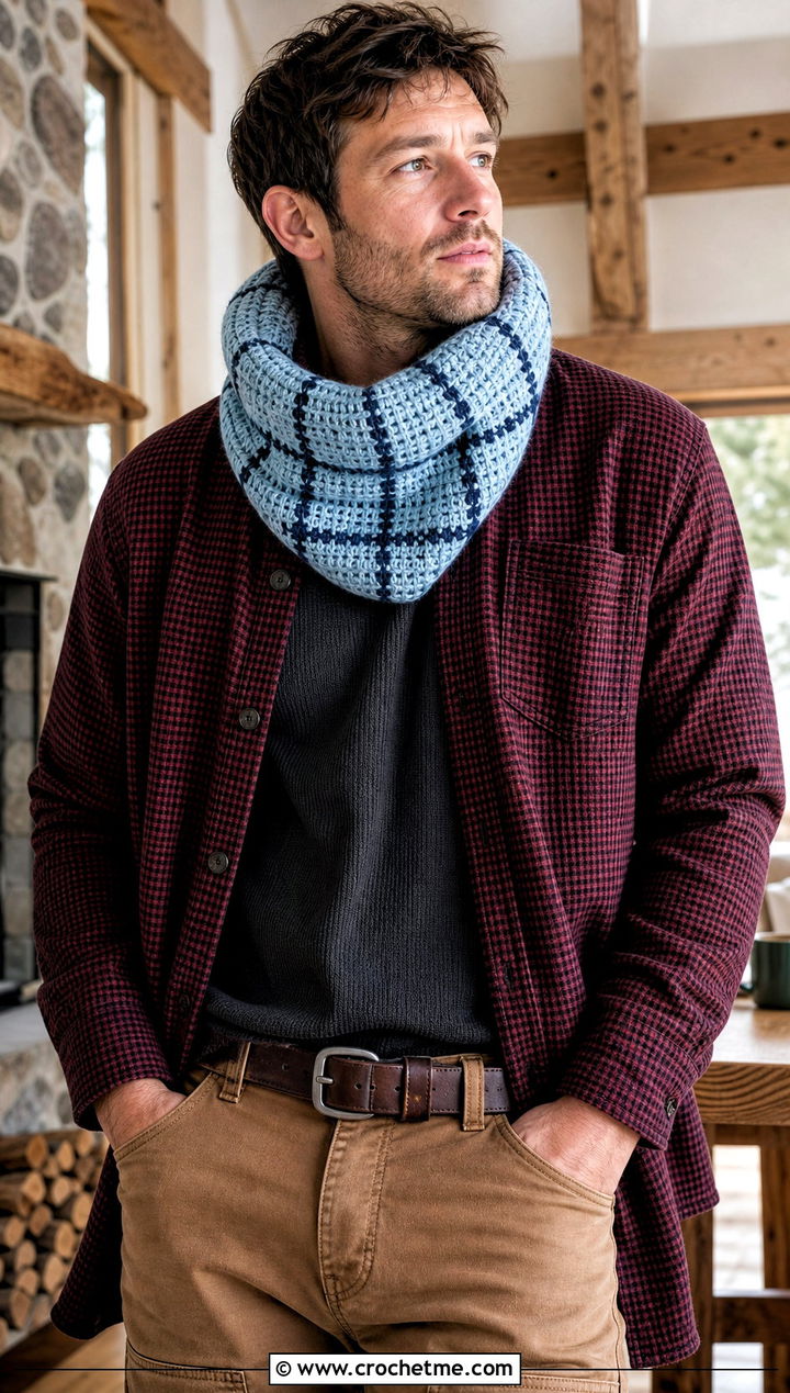 Plaid Crochet Cowl With Flannel Overshirt - 25 Men Crochet Cowl outfit ideas