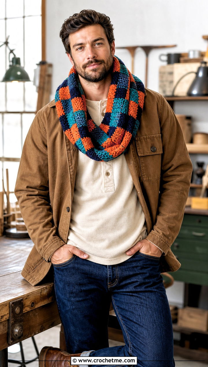 Plaid Crochet Cowl With Workwear Jacket - 30 crochet cowl for men outfit ideas