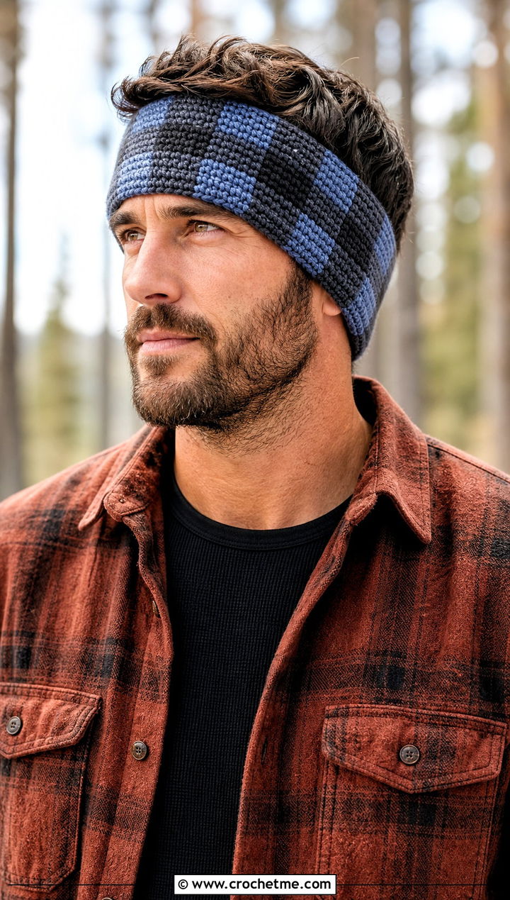 Plaid Crochet Ear Warmer With Flannel Overshirt - 15 mens crochet ear warmer outfit ideas
