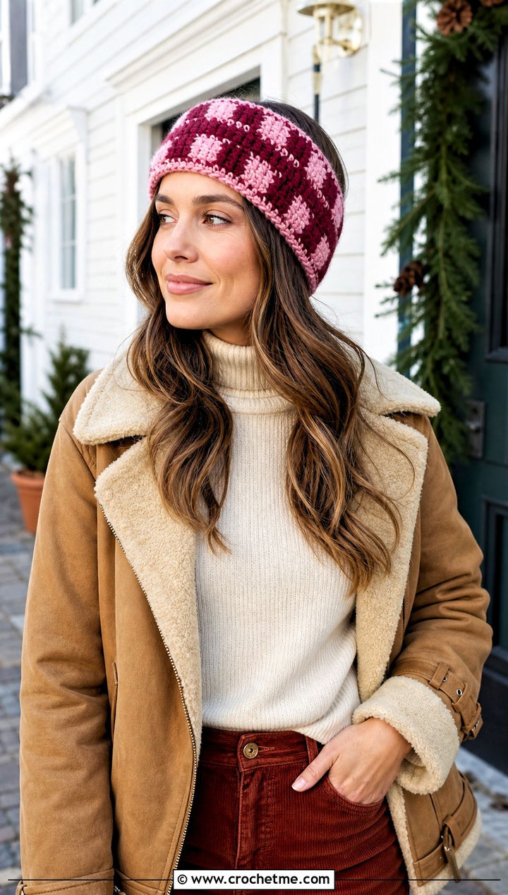 Plaid Crochet Ear Warmer With Shearling Jacket - 20 Crochet Headband Ear Warmers outfit ideas