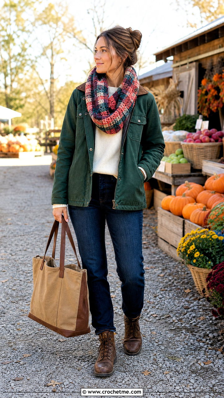 Plaid Crochet Infinity Scarf With Barn Jacket - 35 crochet infinity scarf outfit ideas