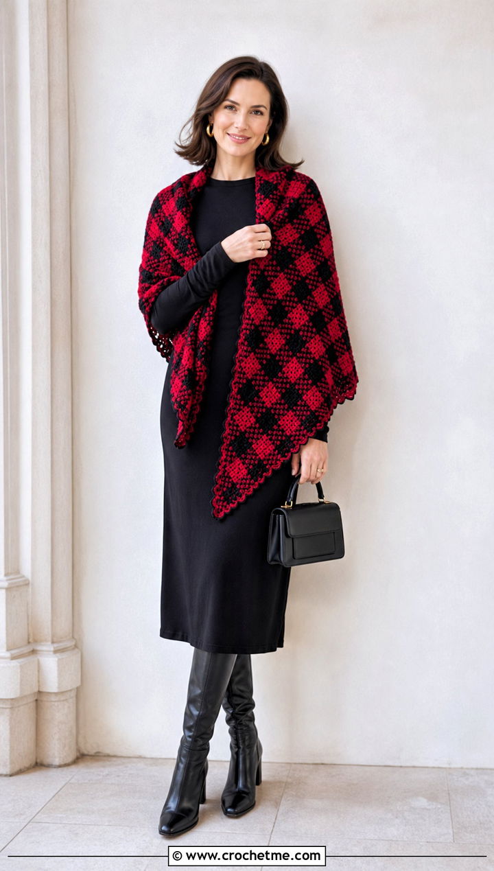 Plaid Crochet Outlander Shawl With Black Dress - 35 crochet outlander shawl outfit ideas