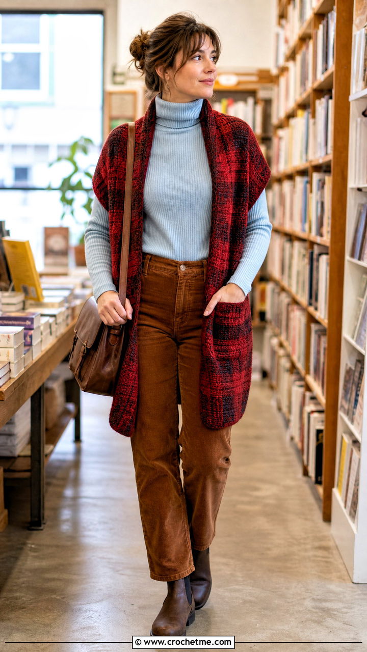 Plaid Crochet Pocket Shawl With Corduroy Pants - 35 crochet pocket shawl outfit ideas