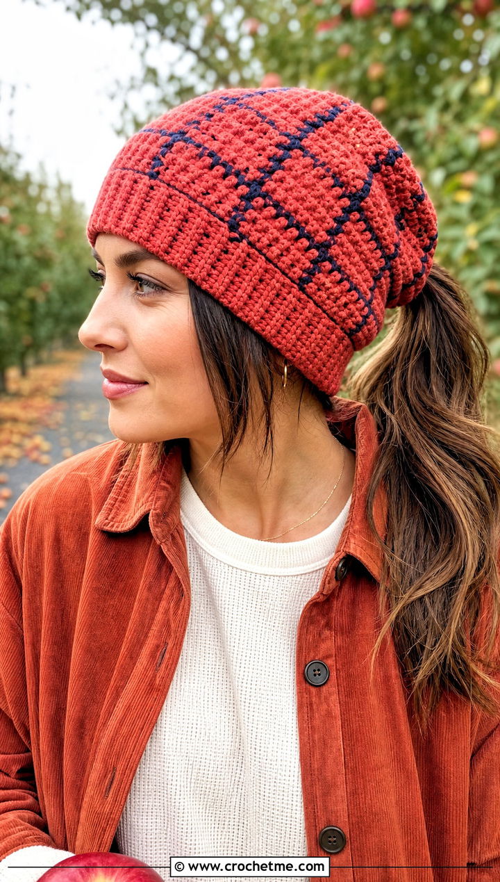 Plaid Crochet Ponytail Beanie With Shacket - 30 crochet hat with ponytail hole outfit ideas