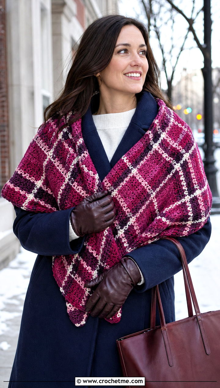 Plaid Crochet Rectangular Shawl With Wool Coat - 30 crochet rectangular shawl outfit ideas