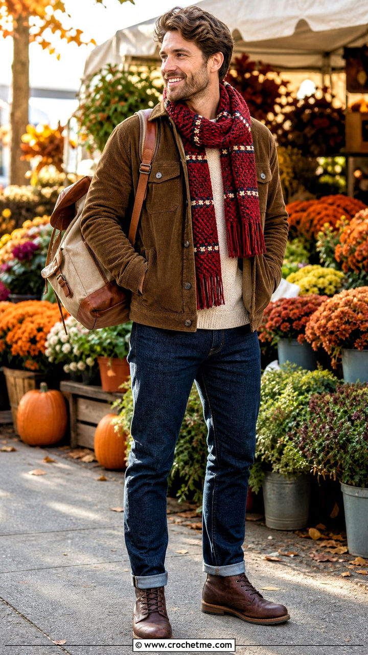 Plaid Crochet Scarf With Corduroy Jacket - 35 crochet scarf for men outfit ideas