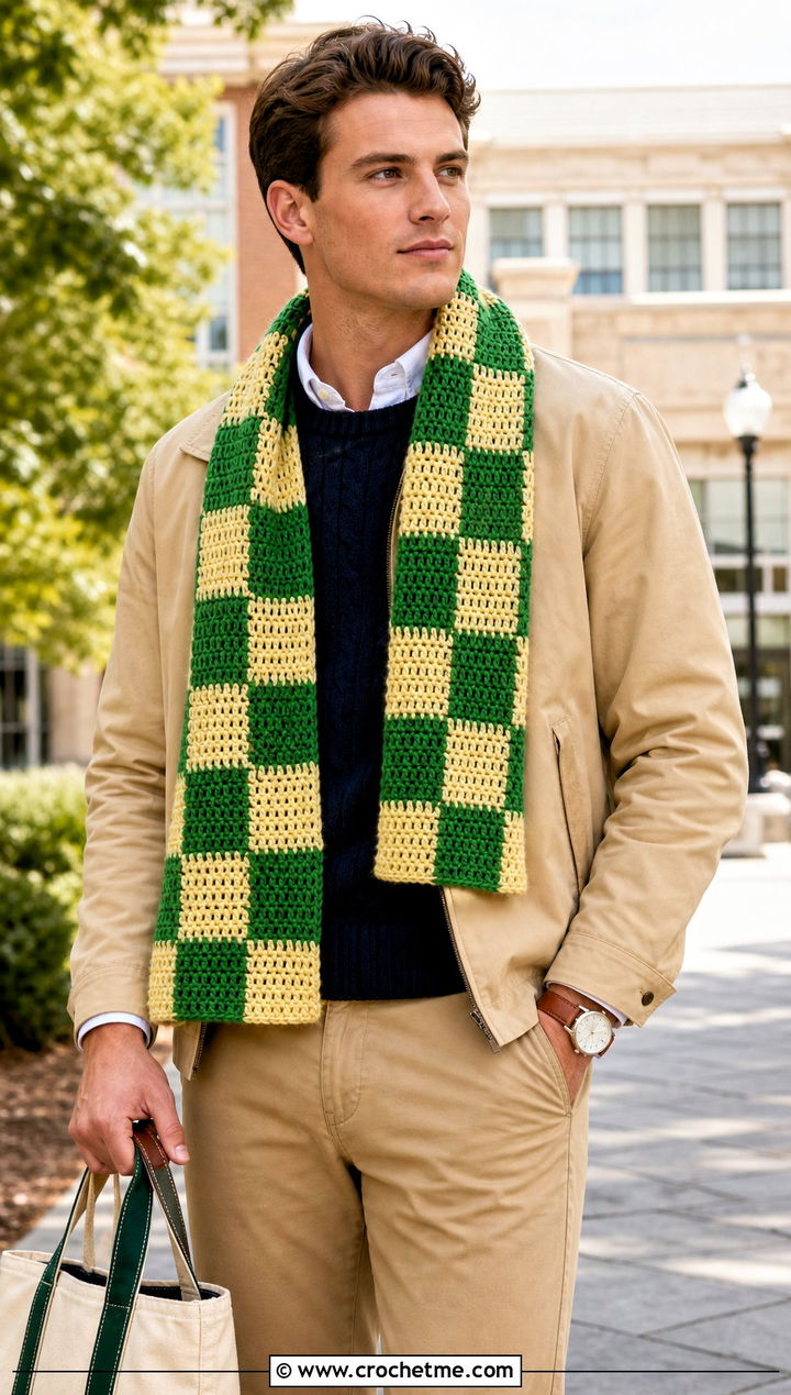 Plaid Crochet Scarf With Preppy Layers - 30 male crochet scarf outfit ideas