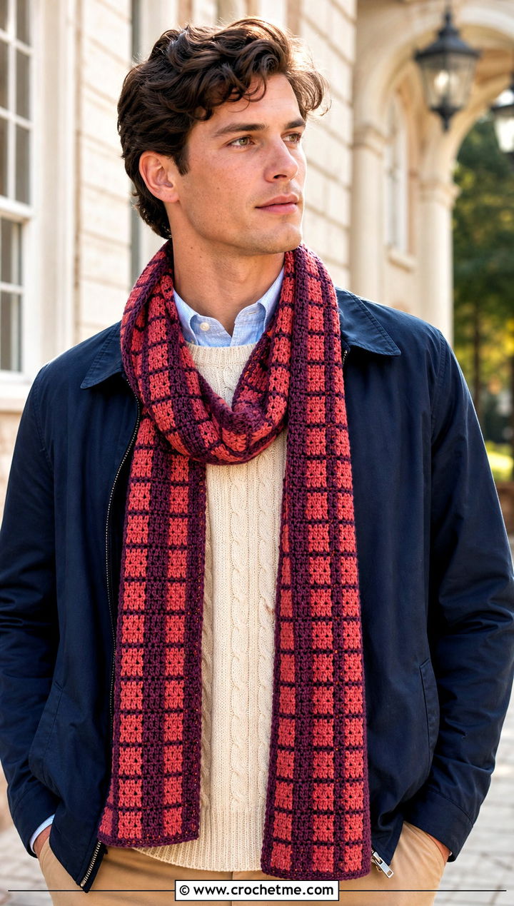 Plaid Crochet Scarf With Preppy Outfit - 30 easy crochet scarf men outfit ideas