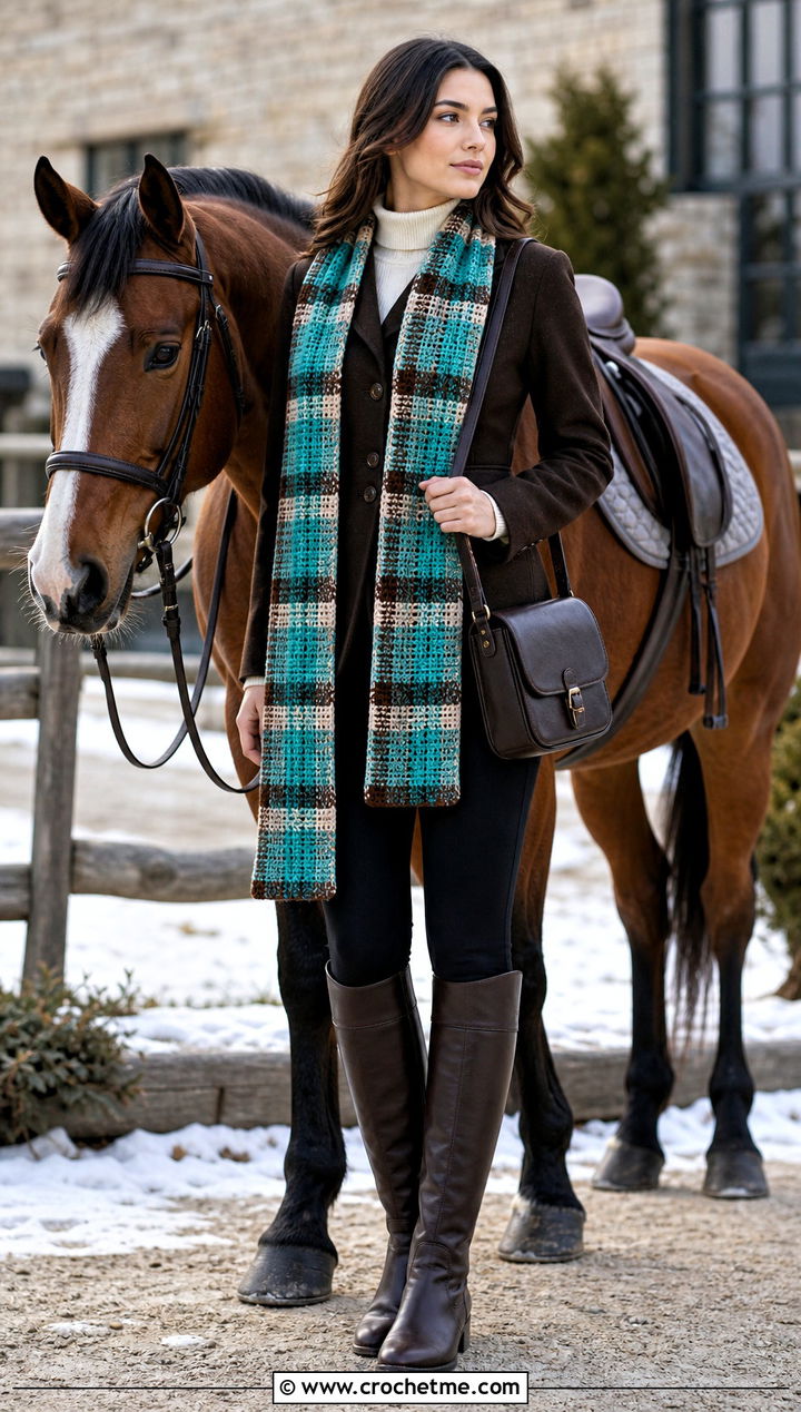 Plaid Crochet Scarf With Riding Coat And Leggings - 35 Winter Crochet Scarfs For Women outfit ideas