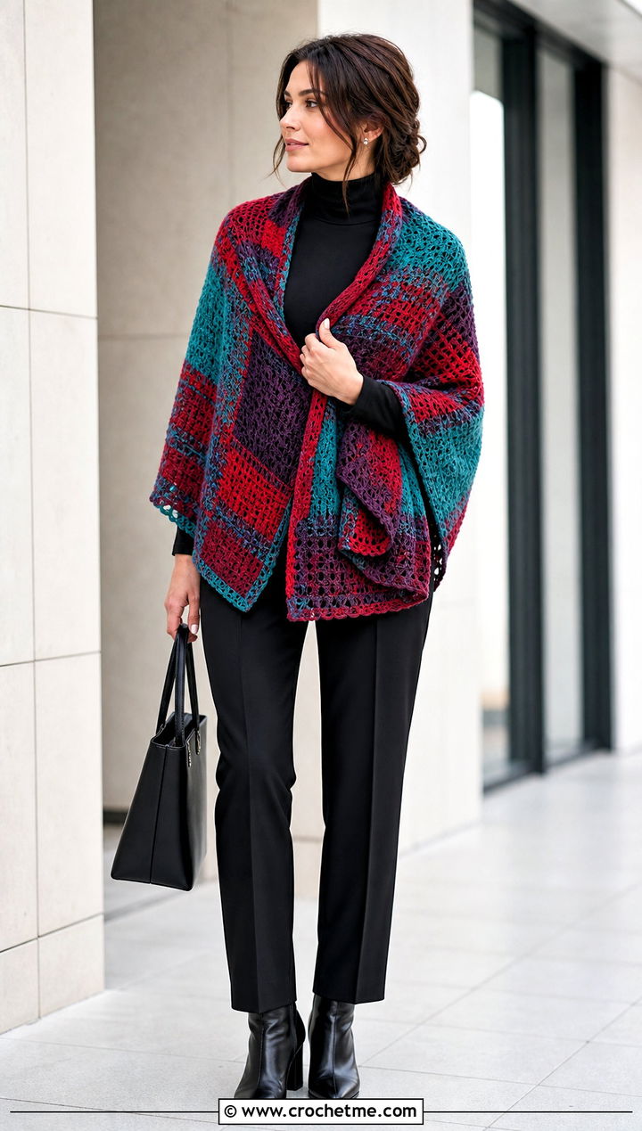 Plaid Crochet Shawl With Monochrome Black Outfit - 30 winter crochet shawl outfit ideas