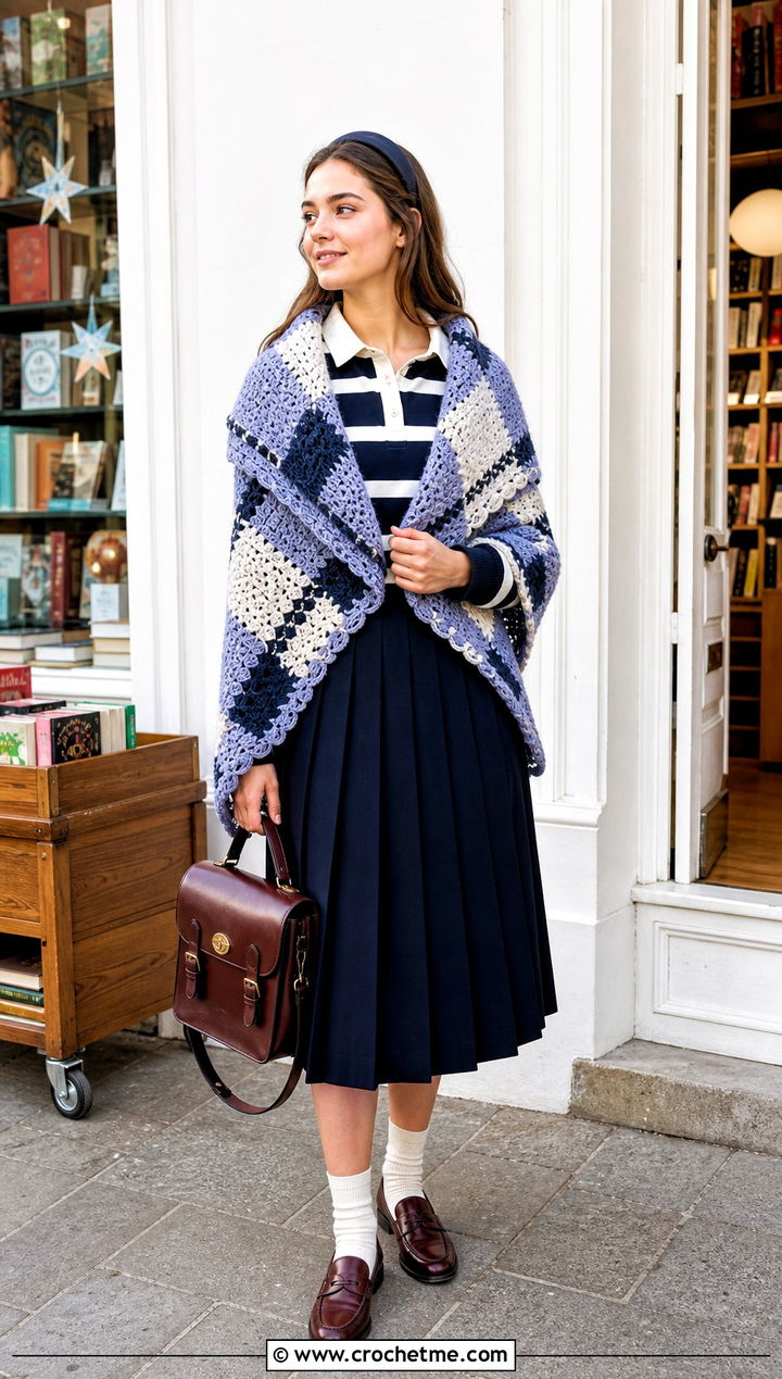 Plaid Crochet Shawl With Rugby Shirt And Pleated Skirt - 35 easy crochet shawl outfit ideas