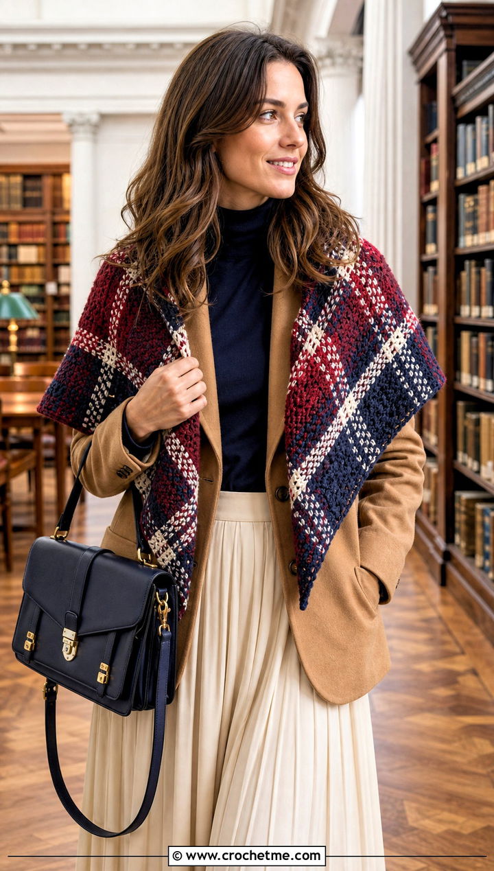 Plaid Crochet Triangle Shawl With Wool Blazer And Pleated Skirt - 35 triangle crochet shawl outfit ideas
