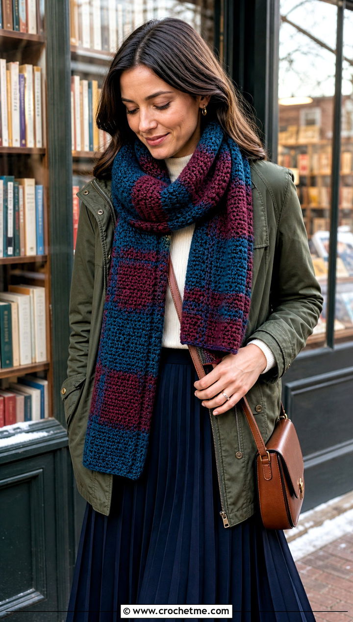 Plaid Crochet Winter Scarf With Field Jacket - 35 crochet winter scarf outfit ideas