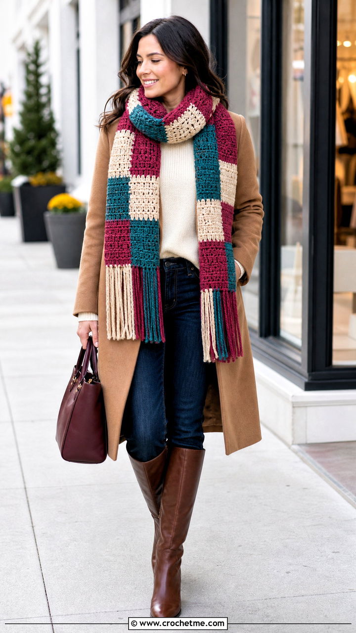 Plaid Effect Chunky Crochet Scarf With Camel Coat - 35 chunky crochet scarf outfit ideas