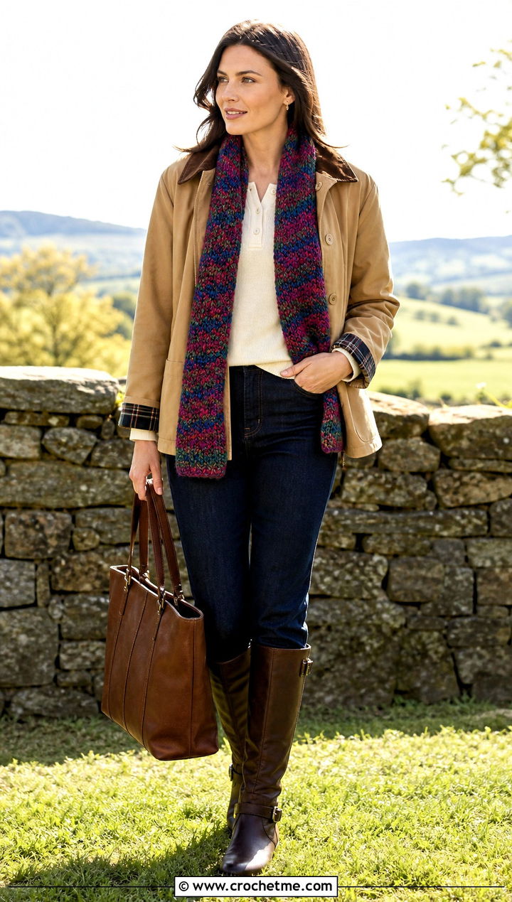 Plaid Effect Moss Stitch Scarf With Barn Jacket And Riding Boots - 35 crochet moss stitch scarf outfit ideas