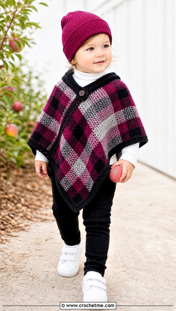 Plaid Look Crochet Carseat Poncho With Black Jeans - 25 Crochet Carseat Poncho outfit ideas