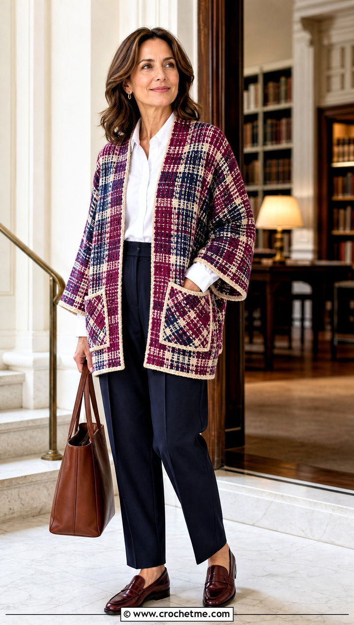 Plaid Pocket Shawl With Pleated Trousers - 15 Tunisian Crochet Pocket Shawl outfit ideas