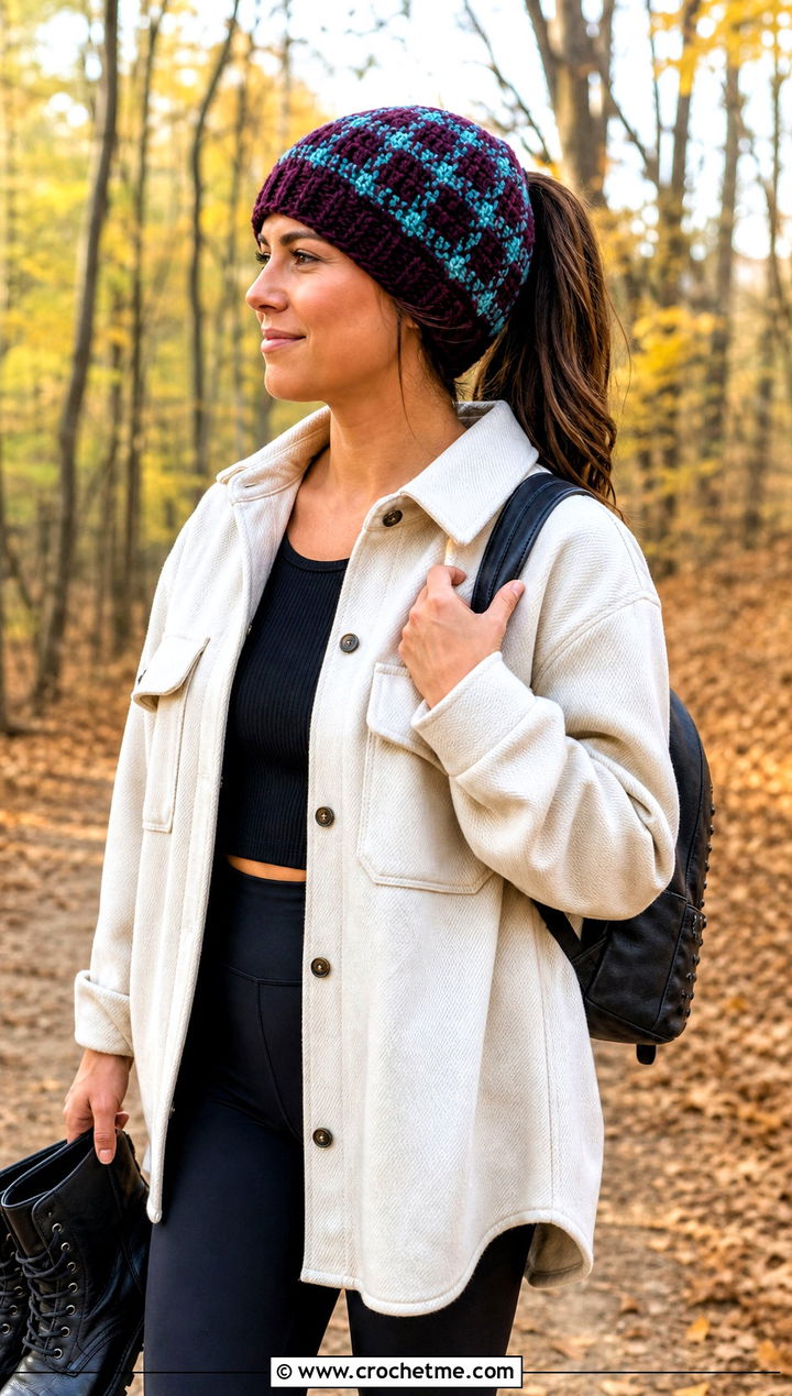 Plaid Ponytail Crochet Hat With Shacket - 30 ponytail crochet hat outfit ideas