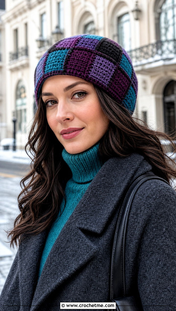 Plaid Square Crochet Hat With Wool Coat - 30 crochet square hat outfit ideas
