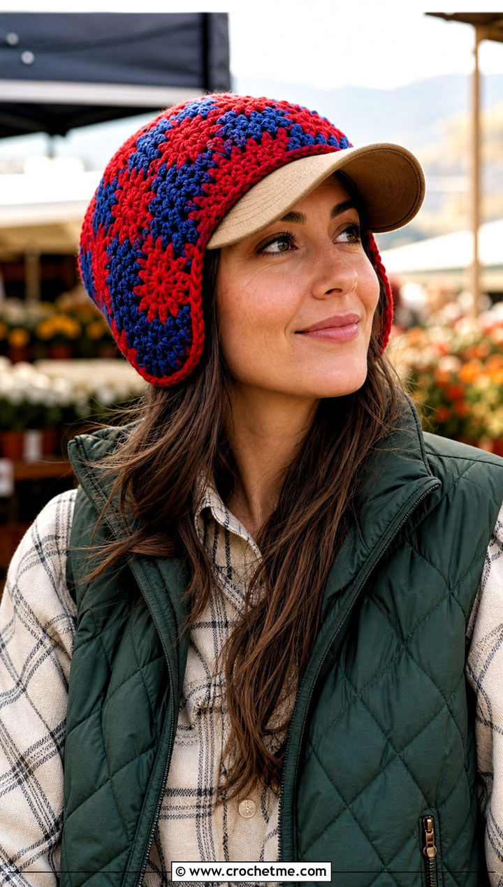 Plaid Tapestry Baseball Cap Ear Warmer With Quilted Vest - 20 crochet baseball cap ear warmer outfit ideas