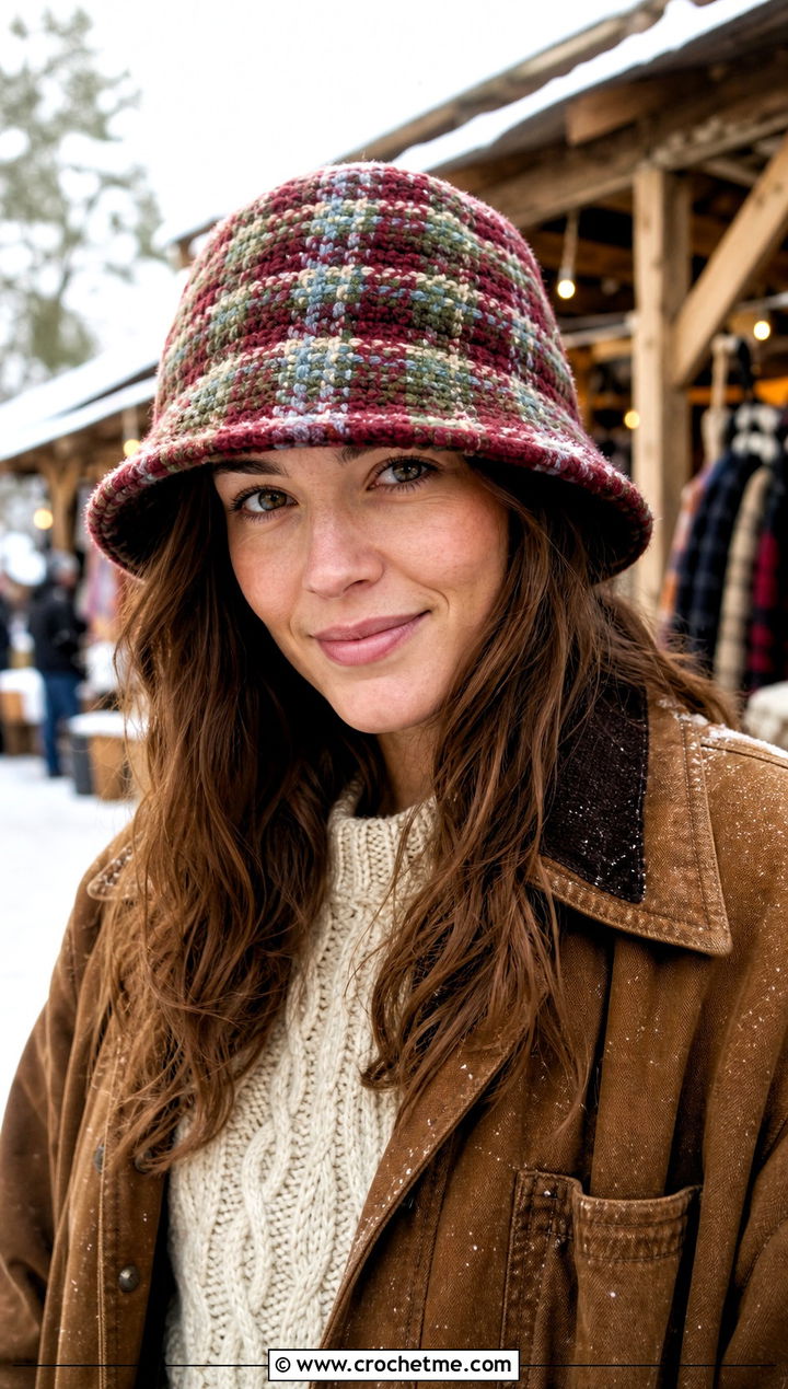 Plaid Tapestry Crochet Bucket Hat With Barn Jacket - 35 crochet winter bucket hat outfit ideas
