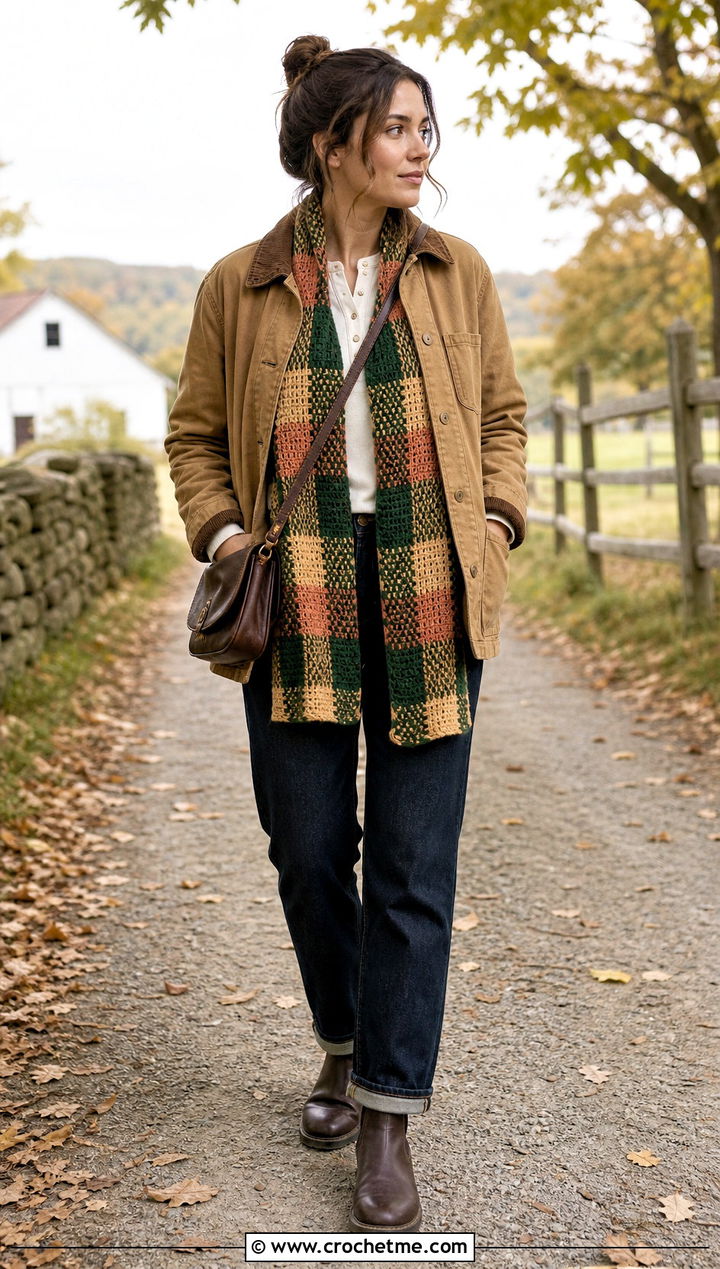 Plaid Tapestry Crochet Scarf With Barn Jacket - 35 tapestry crochet scarf outfit ideas