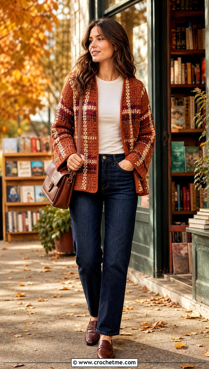 Plaid Worsted Weight Crochet Cardigan With Dark Wash Jeans - 25 Worsted Weight Crochet Cardigan outfit ideas