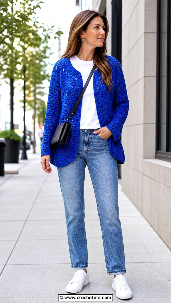 Plain Circle Cardigan With Straight Leg Jeans - 30 crochet circle cardigan outfit ideas