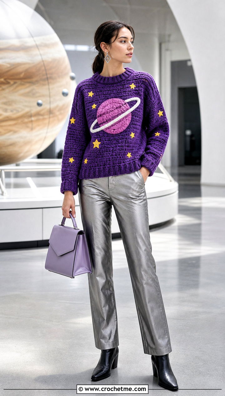 Planet Crochet Mabel Pines Sweater With Metallic Trousers - 30 crochet mabel pines sweater outfit ideas